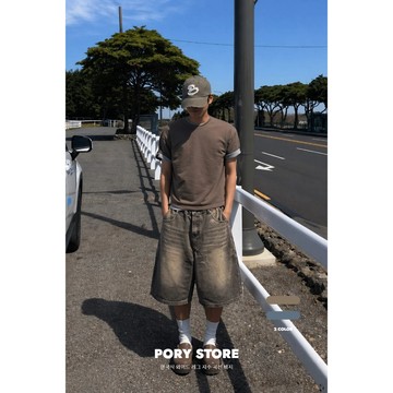 【PORY STORE】獨家！重磅❗️韓國做舊水洗七分褲 彎刀褲 短褲 舒適 實拍 韓系 休閒 男生 牛仔短褲