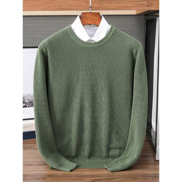秋冬新款100%純棉線男士針織打底衫圓領套頭加厚保暖毛衣商務休閑