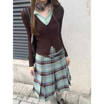 韓系氣質復古綠色格子百褶裙半身裙女2025春季新款學院風格紋半裙