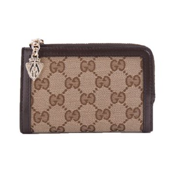 GUCCI Luce 緹花布拼接皮革對釦式L型拉鍊中夾(咖啡色/卡其色)