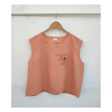 刺繡 | 亞麻 | 橘粉色無袖上衣
