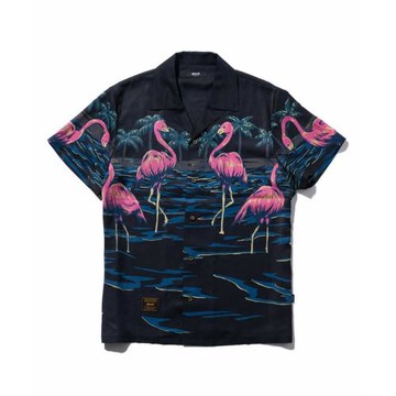 夏日系復古雅痞高端火烈鳥印花夏威夷古巴領寬松休閑短袖襯衫男女