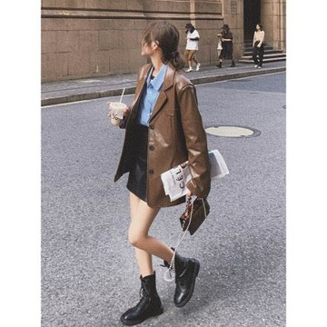 (免運)咖色皮衣女2026春秋新款美拉德英倫風小西服高級感炸街西裝外套