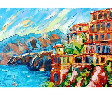 義大利蘇連托 油畫：阿瑪菲海岸海濱藝術，16x20 印象派碼頭