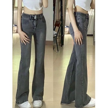 【Veee】微喇叭牛仔褲女  2025春夏款 高腰顯瘦馬蹄褲 修身煙灰色 復古長褲 顯瘦長褲 休閒長褲 女生長褲
