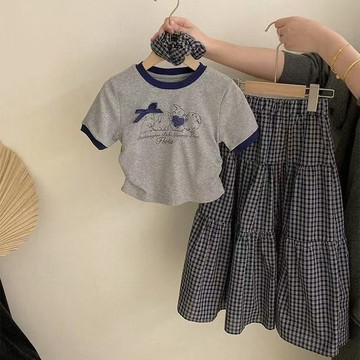 ❤️AL❤️ 女童套裝 兒童短袖套裝 中大童套裝 女童套裝夏季2026新款時尚短袖卡通T恤兩件套新款洋氣格子半身裙