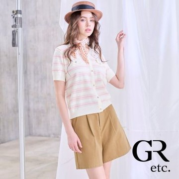 【GLORY21】網路獨賣款-etc.優雅條紋假口袋V領針織上衣-粉紅色