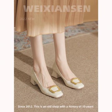 白色高跟鞋女 中跟韓版單鞋女氣質小眾軟皮 粗跟工作鞋女伴娘鞋女