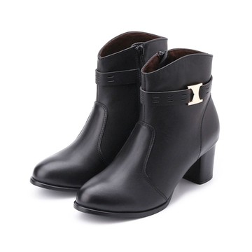 LUZZI 側金釦拉鍊跟靴 黑 女鞋