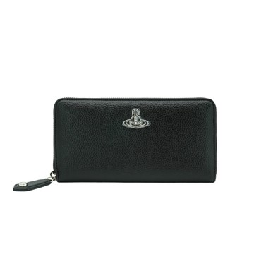 Vivienne Westwood 星球銀logo荔枝皮面拉鍊長夾(黑)