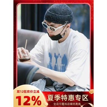 張藝興同款歐美高街潮牌印花短袖t恤男生夏季寬松bf風半袖上衣服