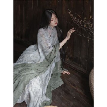 絲竹 清冷中式拼袖寬松飄逸冷綠文藝長袍改良漢服旗袍長裙 連衣裙