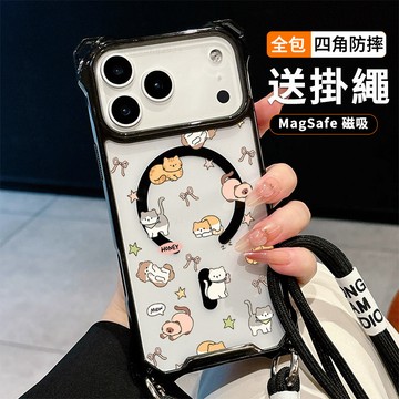 蝴蝶結貓咪 送掛繩透明手機殼 磁吸防摔透明殼 適用 iPhone 17 16 16e 15 14 13 12 11保護殼
