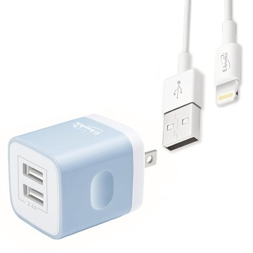 E-books B52 智慧分流2.4A雙USB快速充電器 1M Lightning 充電線  藍色  1組