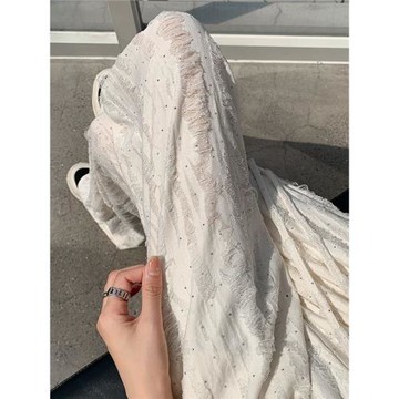 杏色闊腿褲女夏季薄款小個子抽繩高腰垂感休閑褲子破洞燙鉆直筒褲