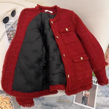 紅色小香風羽絨服外套女2025新款秋冬季加厚夾棉本命年訂結婚回門