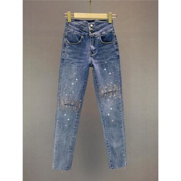 歐貨燙鉆假破洞牛仔褲女潮2025春夏裝新款棉彈高腰顯瘦緊身小腳褲