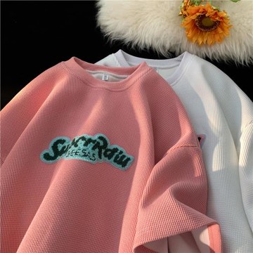 華夫格情侶短袖設計感字母植絨刺繡t恤夏季重磅半袖體恤寬松上衣