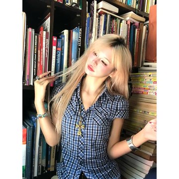 NECOYEP美式復古撞色格子短袖襯衫女夏季純欲修身收腰顯瘦上衣