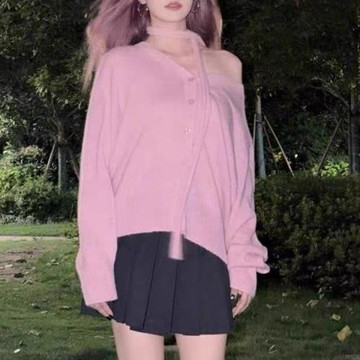 白鹿同款韓版粉色純欲飄帶掛脖V領針織衫女設計感慵懶風寬松上衣