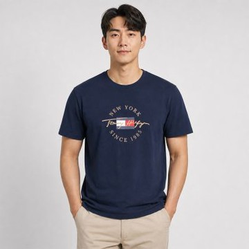 TOMMY 熱銷印刷文字Logo圖案短袖T恤-深藍色