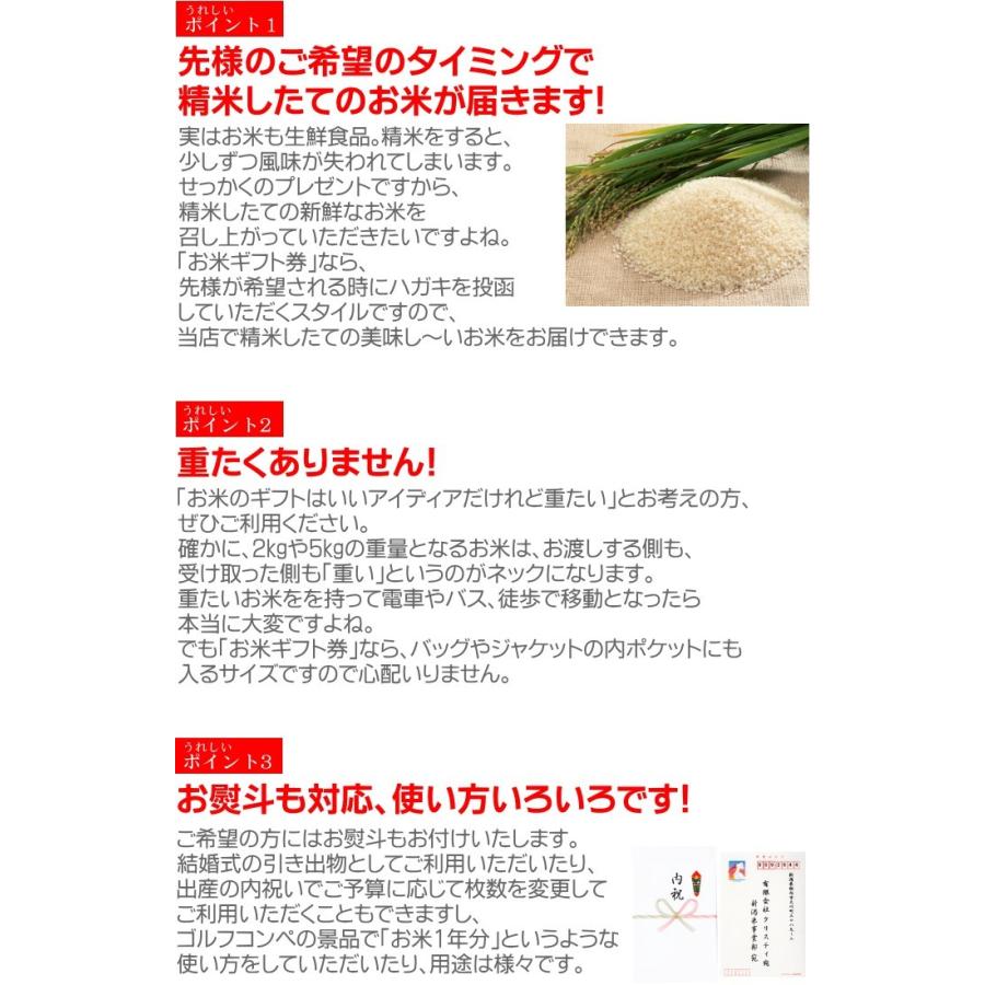 お米ギフト券 農薬無使用米コシヒカリ 5kg×5枚／お米 米 ギフト 新潟米 お米券 目録 引換券 景品 二次会 ゴルフ 内祝い お祝い お返し 香典返し 熨斗 名入れ