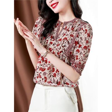 減齡漂亮洋氣小衫女短袖夏季新款打底衫雪紡衫寬松遮肚子碎花上衣