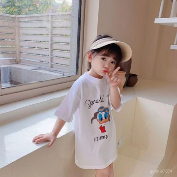 純棉短袖中小童裝女T恤裙上衣中長款夏季新款洋氣潮流衣服潮TT恤裙 女童連衣裙 女童洋裝 公主裙 寶寶夏季短袖裙子