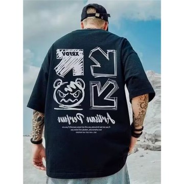 加肥加大碼純棉短袖t恤男士夏季港風重磅寬松半袖卡通印花上衣潮