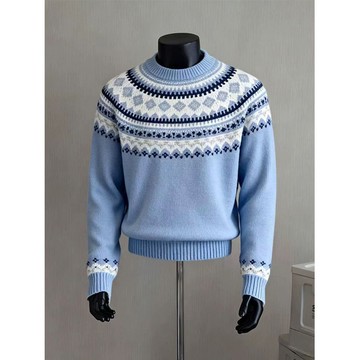 費爾島毛衣男秋冬幾何撞色長袖針織衫內搭疊穿上衣