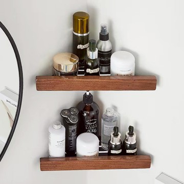 實木三角置物架 台灣現貨 免打孔 浴室轉角置物架 牆上收納 浴室置物架 壁掛式置物架