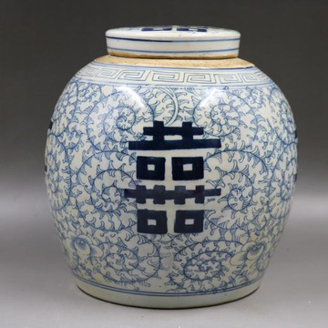 晚清青花瓷纏枝喜字大罐仿古瓷器古董古玩家居擺件舊貨老貨收藏