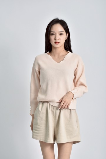 (L) 質感針織V領長袖粉色毛衣