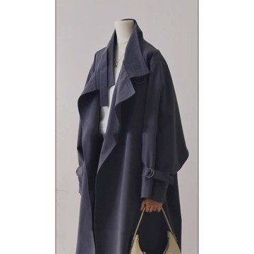 女款2025新款小個子英倫寬松休閑中長款藏藍色風衣外套春秋款大衣