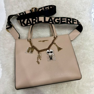 【卡爾｜全新】現貨 KARL LAGERFELD 楊冪包 2色可選 鐵牌 鍊條 奶茶色 兩用包｜Little Bee 小蜜蜂精品