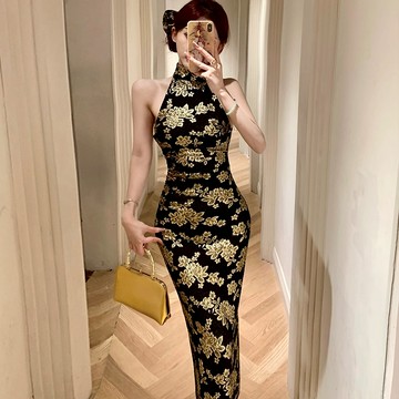 【隔日到】特價新款S-L 新中式旗袍禮服裙輕奢小眾宴會無袖洋裝燙金掛脖露背長裙 度假休閒聚會派對約會穿搭