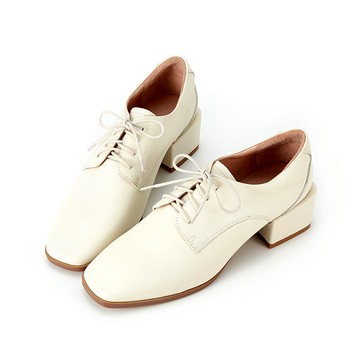 零碼[獨家訂製楦型] 全真皮方頭素面粗跟德比鞋牛津鞋