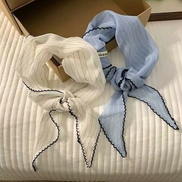 韓系藍色條紋絲巾女2025新款系脖領巾高級感三角巾綁發防曬頭巾 鑫弘-素時衣櫥
