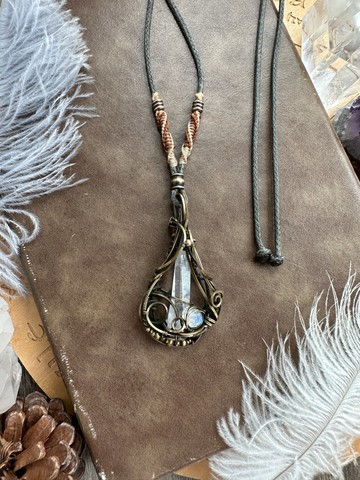 WW318 全手工編織繞銅線復古做舊wire wrap 月亮石 白水晶柱吊咀