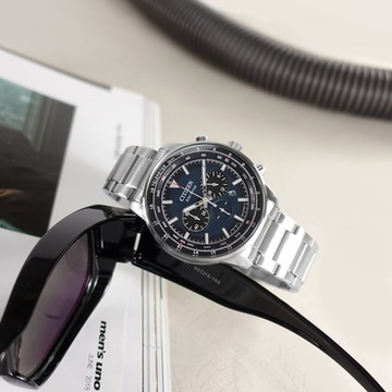 CITIZEN 星辰表 / CA4500-91L / 光動能 三眼計時 運動潮流 日期 防水100米 不鏽鋼手錶-藍色/44mm