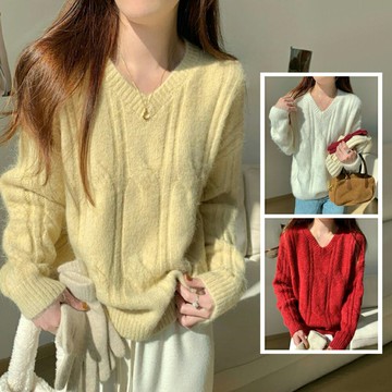 ＊ORead＊V領純色麻花套頭毛衣(3色F碼)