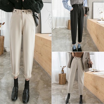 毛呢褲子女秋冬新款寬松百搭蘿卜長褲高腰九分老爹哈倫褲子潮1入