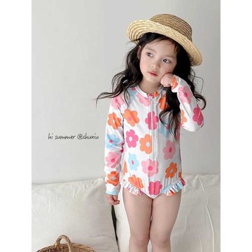 新款女童連體防曬泳衣連體長袖兒童溫泉泳裝中小寶寶可愛速干泳衣