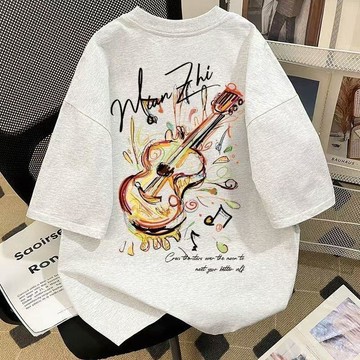 重磅白灰色美式新款新中式吉他印花短袖T恤男女夏季寬鬆百搭上衣