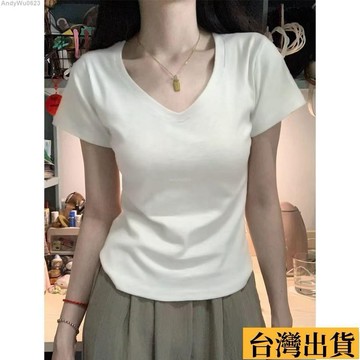 🌈台倉出庫🌈 純棉正肩V領短袖T恤女夏季新款修身設計感小衆百搭顯瘦優質棉上衣