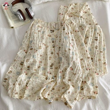 台灣出貨 小狗印花圓領長袖睡衣女款春秋季日系甜美外穿家居服長褲兩件套裝秋冬睡衣家居服睡衣套裝居家服家居服套裝
