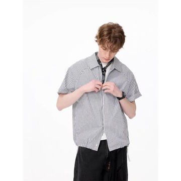 日系復古格紋短袖襯衫男夏季休閑寬松抽繩下擺格子襯衣半袖上衣