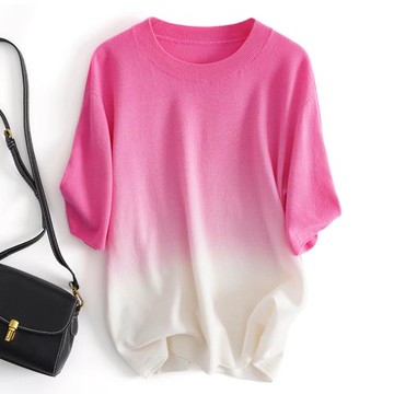 漸變色設計感圓領短袖夏季薄款t恤寬松百搭針織衫時尚休閑上衣女