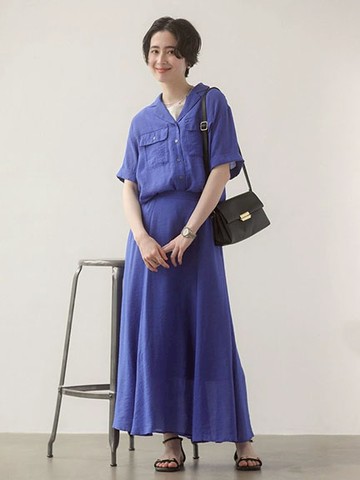 【SET ITEM】雙口袋素面襯衫+抓褶素面長裙(06001575500) - Green Parks