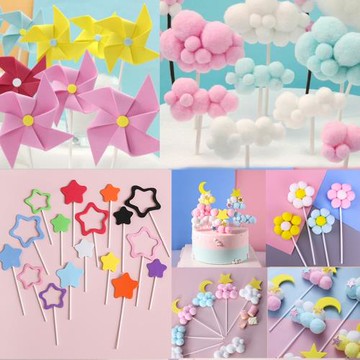 10個裝生日蛋糕裝飾棉花球云朵立體熱氣球彩虹風車五角星烘焙插件
